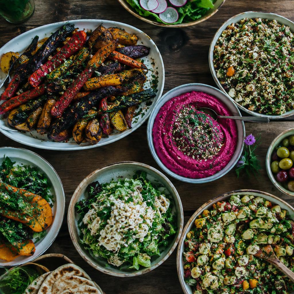 Farverig plantebaseret catering med grøntsager og salater