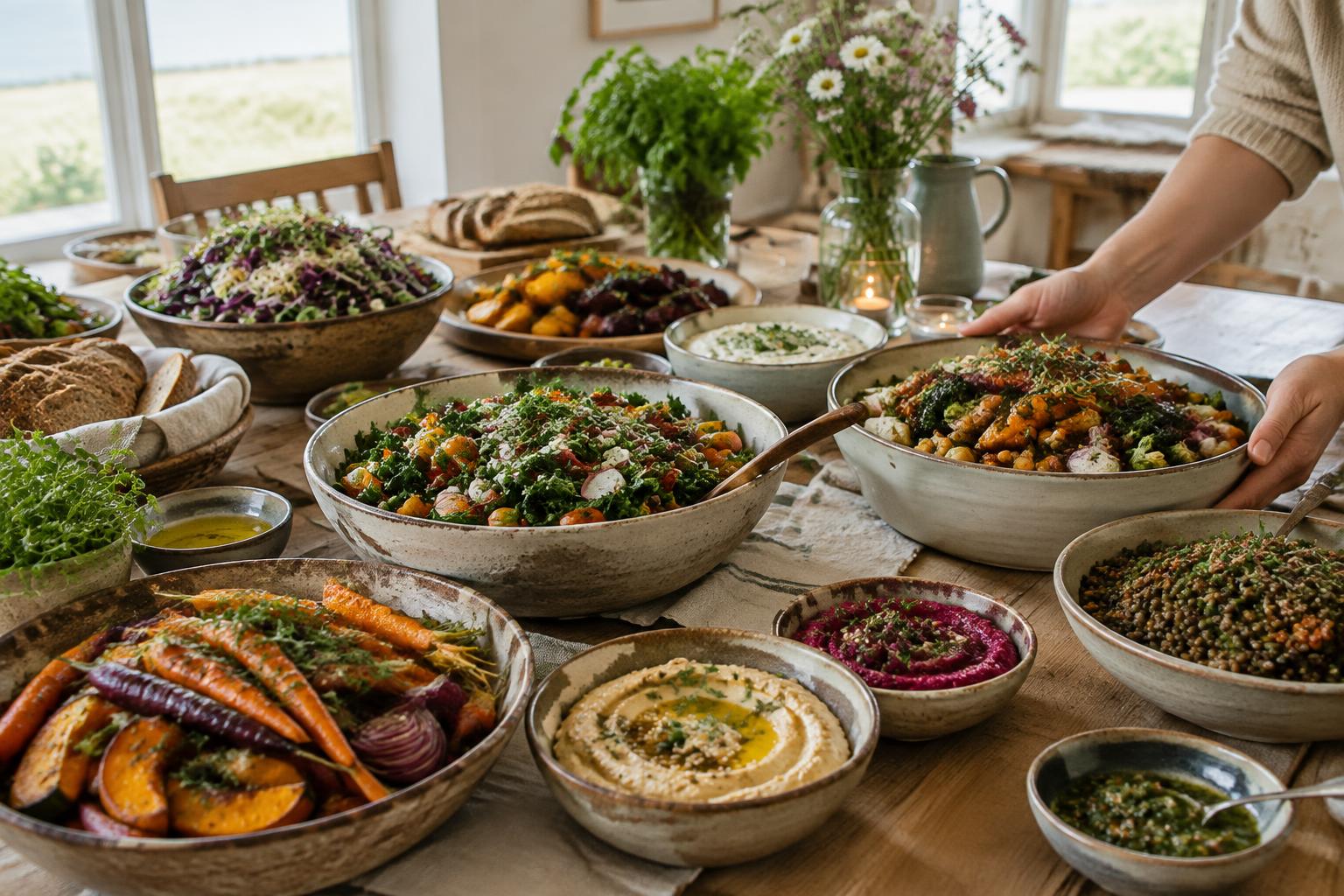 Plantebaseret buffet i et lyst og roligt rum