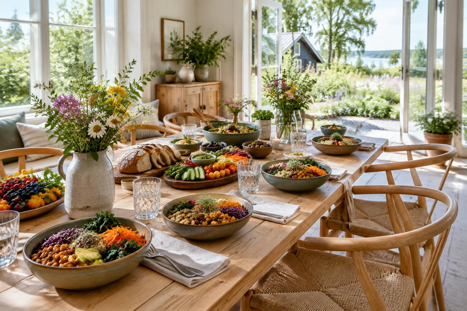 Et indbydende bord med grøntsagsretter og fælles måltider