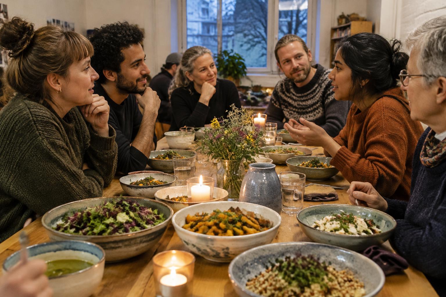 Nærværende samtaler omkring et langbord med levende lys og farverige retter