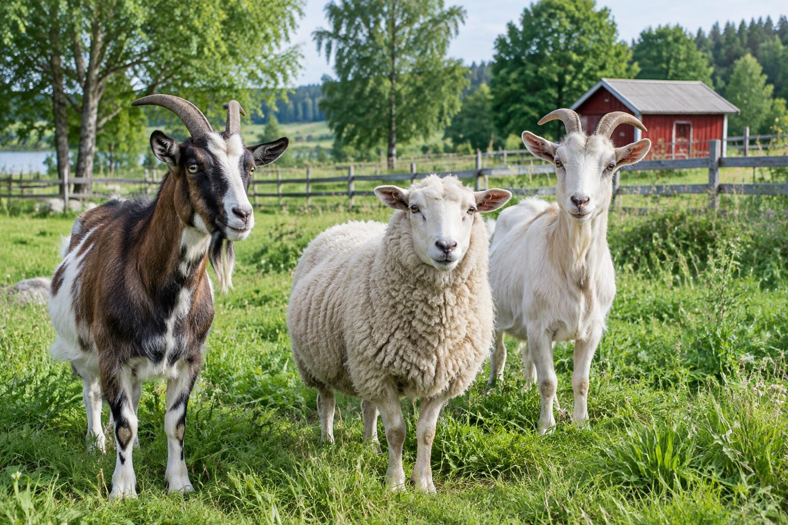 Geder og et får i et naturligt frilandsmiljø
