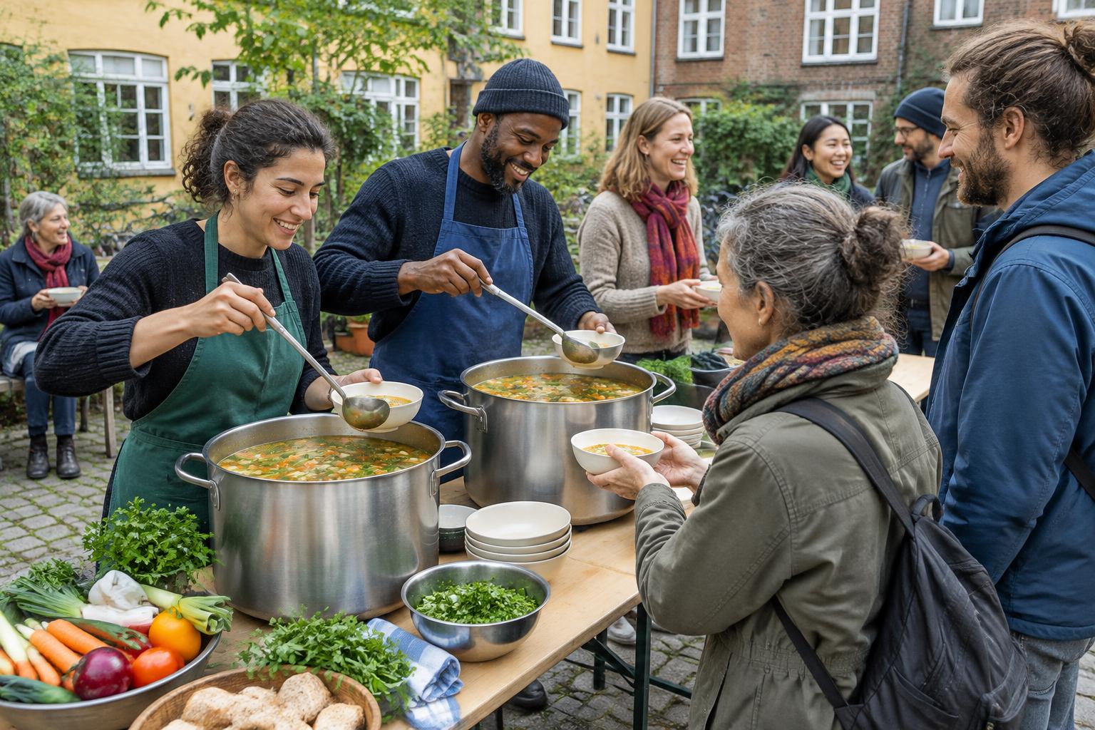 Illustrativt stemningsbillede af mennesker, der deler varm suppe ved et udendørs bord