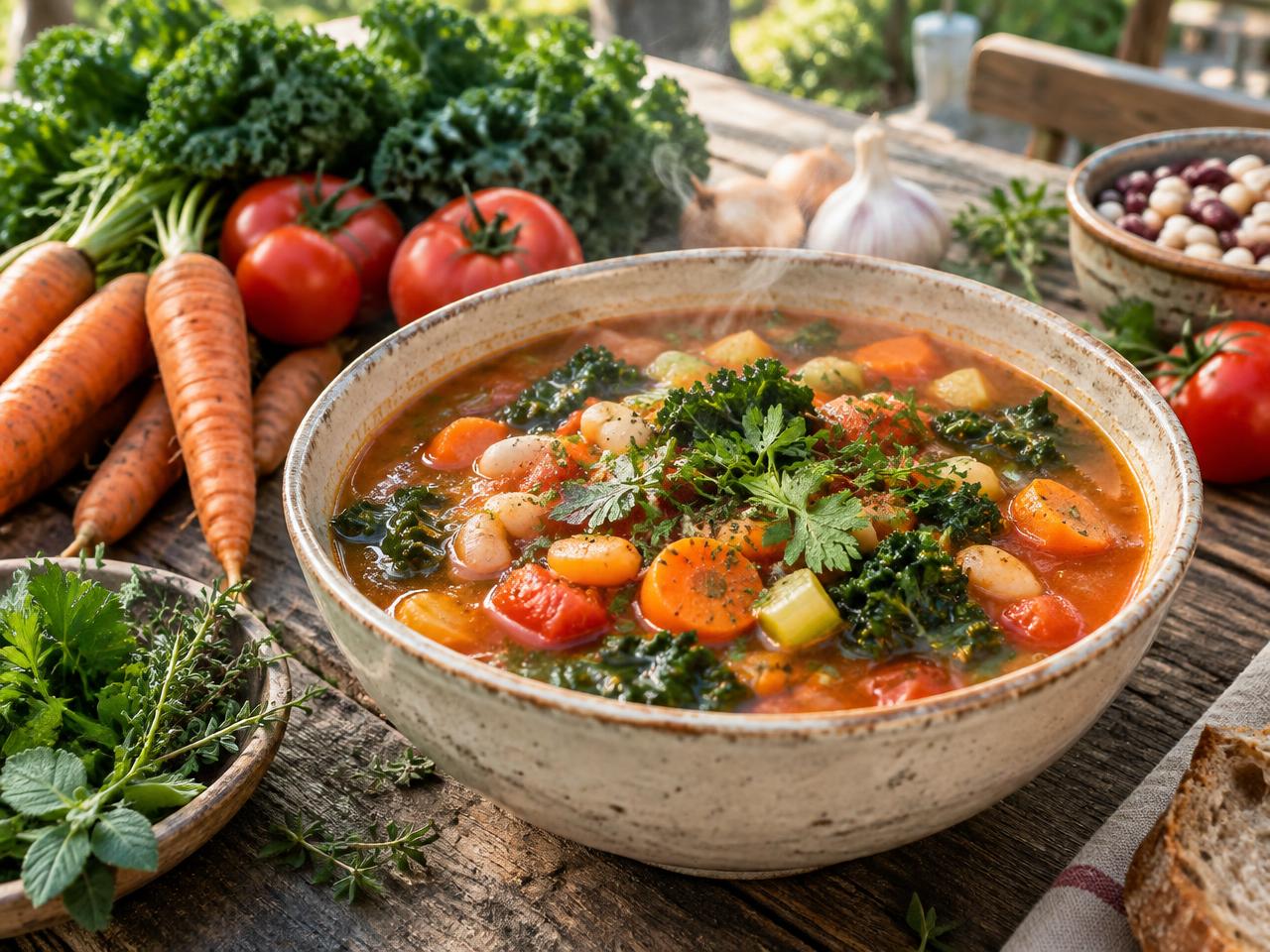 En varm skål grøntsagssuppe med reddede råvarer